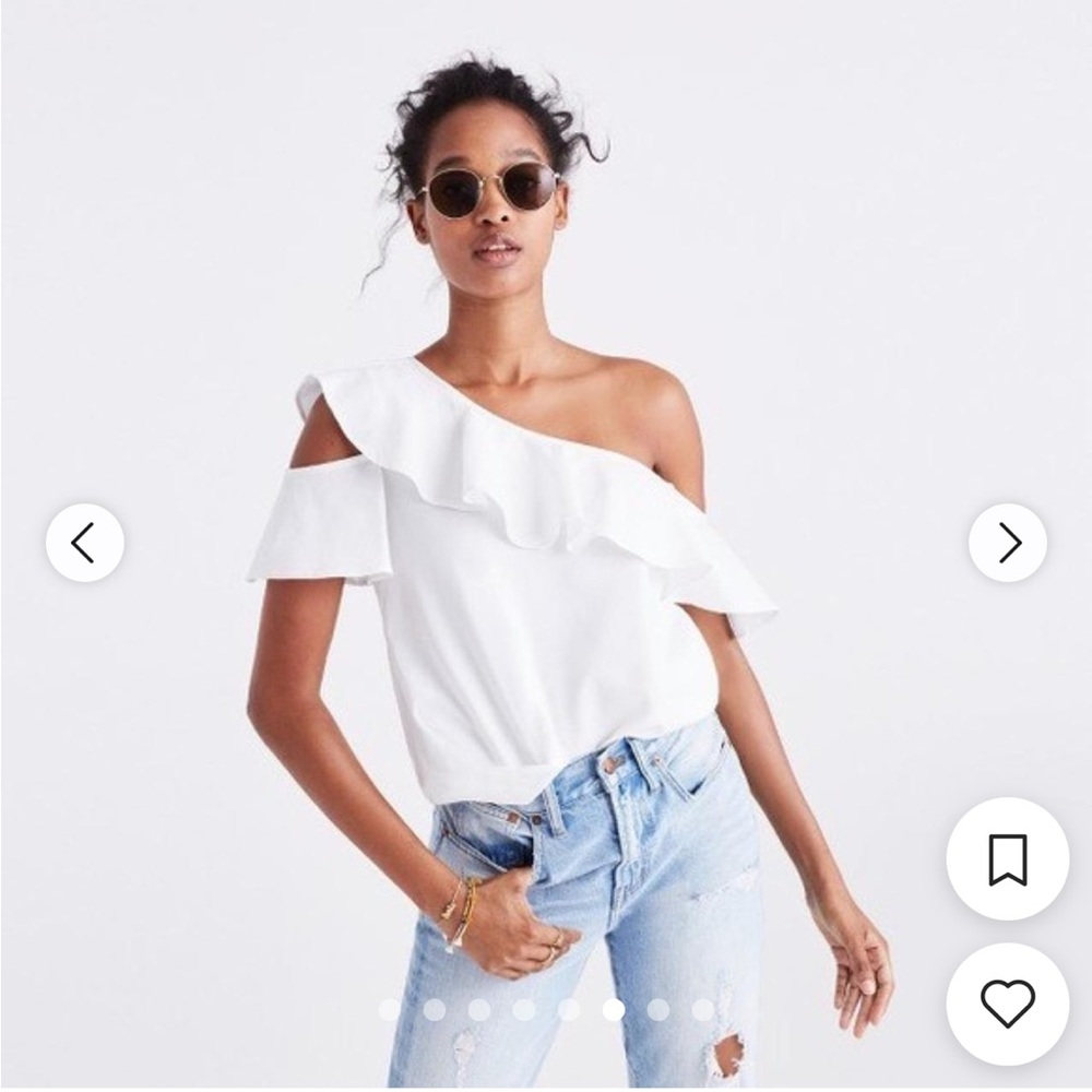 Madewell, White Cotton Ruffle One-Shoulder Top, Size 2, Preloved